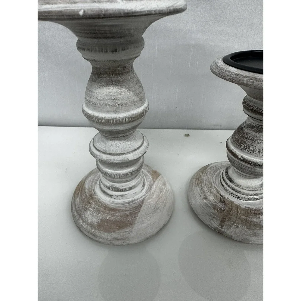 Set Of 2 India Hand Carved Wood Chapel Pillar Candle Holder 6